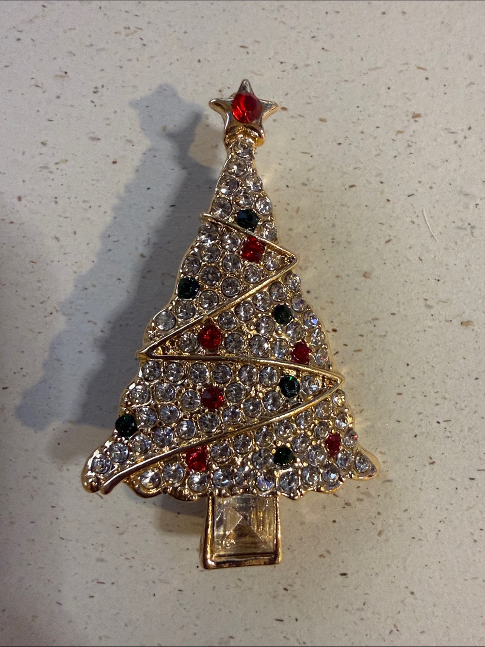 Gold-Tone Crystal Christmas Tree Brooch with Red & Green Accents